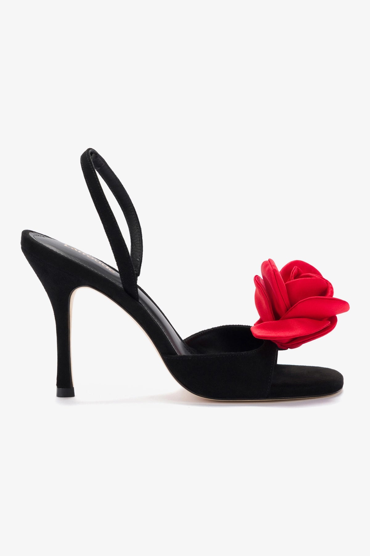 Salma Sandal In Black Suede and Scarlet Satin