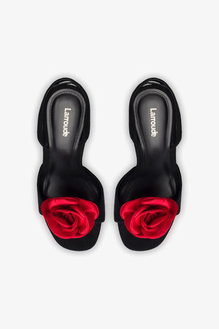 Salma Sandal In Black Suede and Scarlet Satin