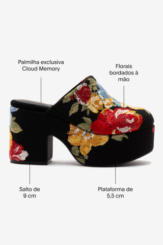 Larroudé x Markarian: Mule Clog Plataforma Miso Lã Preto e Bordado Floral