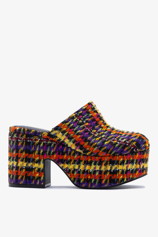 Mule Clog Plataforma Miso Tweed Estampado Multicor