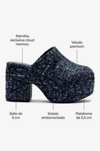 Mule Clog Plataforma Miso Veludo Azul