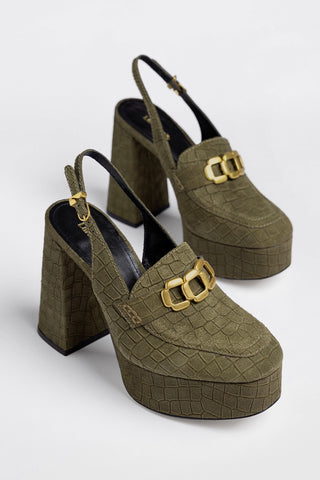 Slingback Plataforma Harrington Hi Camurça Croco Verde Pump Larroudé