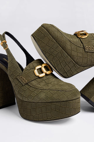 Slingback Plataforma Harrington Hi Camurça Croco Verde Pump Larroudé