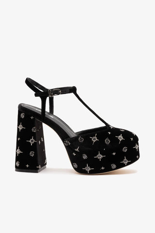 Sandália Plataforma Pixie Veludo Preto e Bordado Estrelas