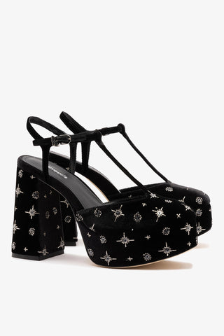 Sandália Plataforma Pixie Veludo Preto e Bordado Estrelas