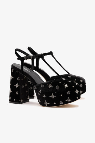Sandália Plataforma Pixie Veludo Preto e Bordado Estrelas