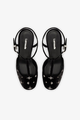 Sandália Plataforma Pixie Veludo Preto e Bordado Estrelas