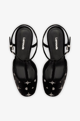 Sandália Plataforma Pixie Veludo Preto e Bordado Estrelas