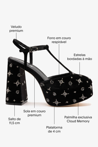 Sandália Plataforma Pixie Veludo Preto e Bordado Estrelas