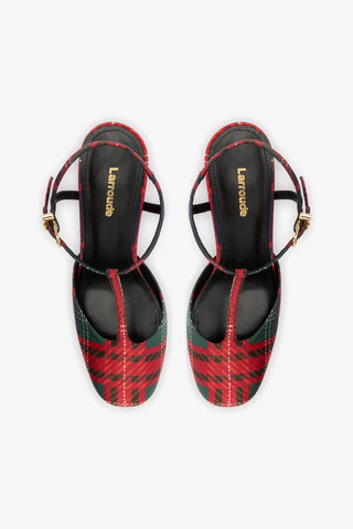 Sandália Plataforma Pixie Cetim Estampado Verde e Vermelho