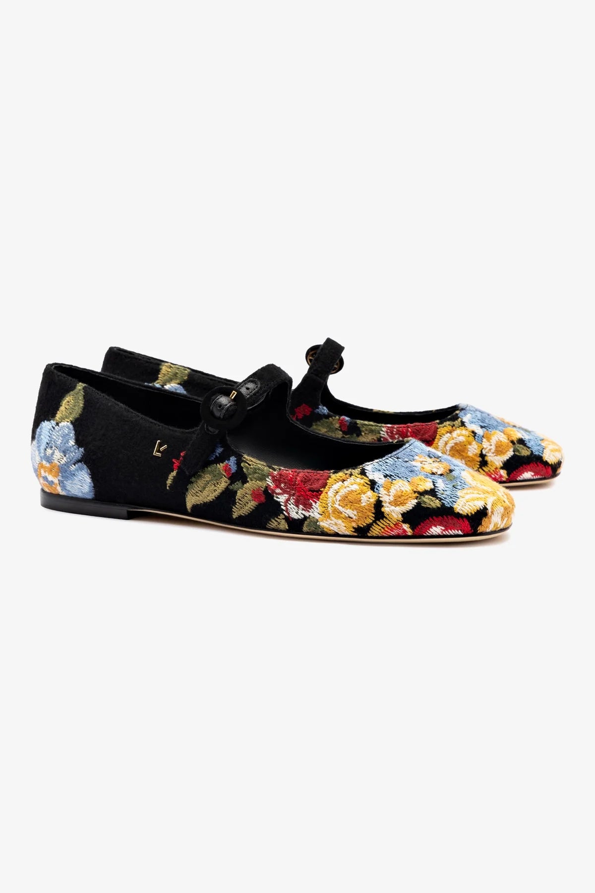 Larroudé x Markarian Flat In Floral Wool and Black Embroidery