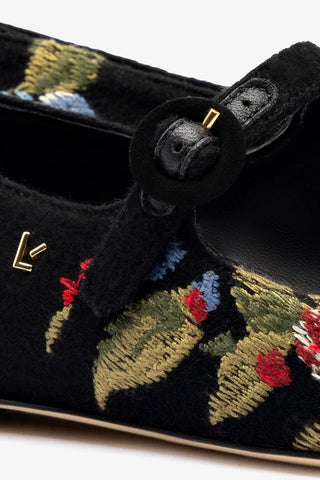 Larroudé x Markarian Flat In Floral Wool and Black Embroidery