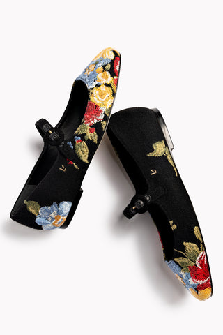 Larroudé x Markarian Flat In Floral Wool and Black Embroidery