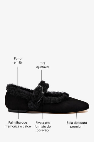Sapatilha Verona Camurça e Lã Preto Ballerina Larroudé