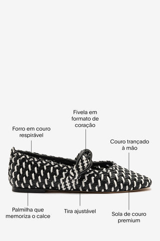 Sapatilha Verona Macramê Couro Preto e Branco Ballerina Larroudé