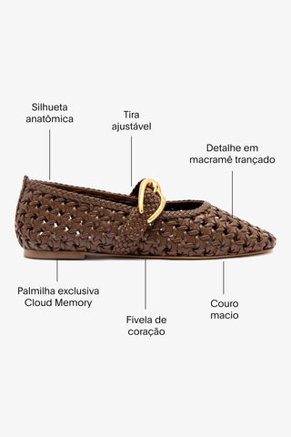 Sapatilha Verona New Macramê Couro Marrom Ballerina Larroudé