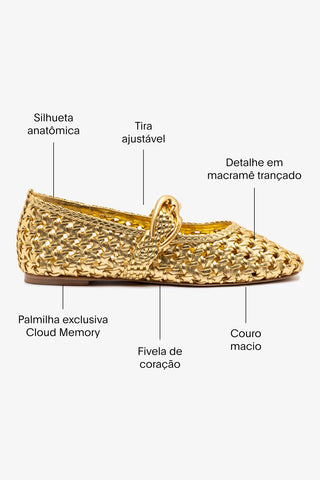 Sapatilha Verona New Macramê Couro Dourado