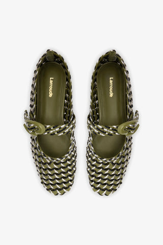 Sapatilha Verona New Macramê Couro Verde Preto e Prateado Ballerina Larroudé