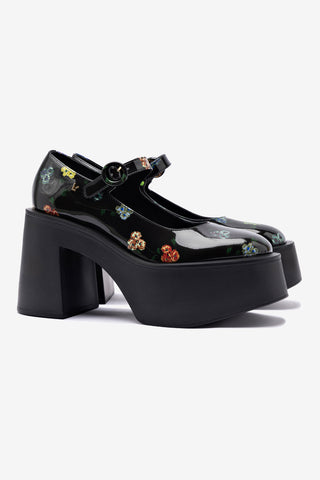 Larroudé x Libertine: Scarpin Plataforma Olivia Couro Verniz Estampado Preto