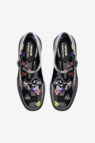 Larroudé x Libertine: Scarpin Plataforma Olivia Couro Verniz Estampado Preto