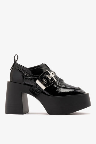 Mocassim Plataforma Stewart Couro Verniz Preto Loafer Larroudé