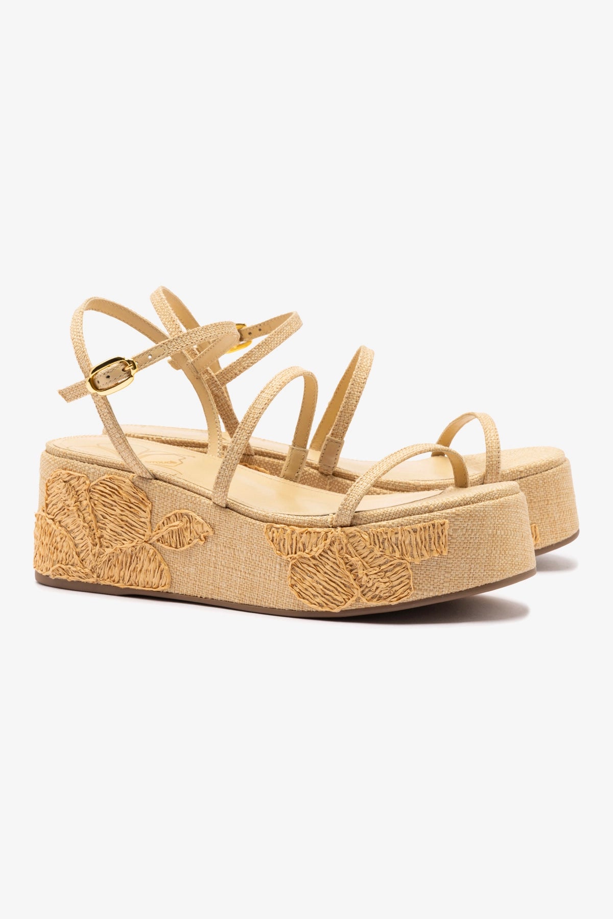 Gio Flatform Sandal In Beige Raffia and Hibiscus Embroidery