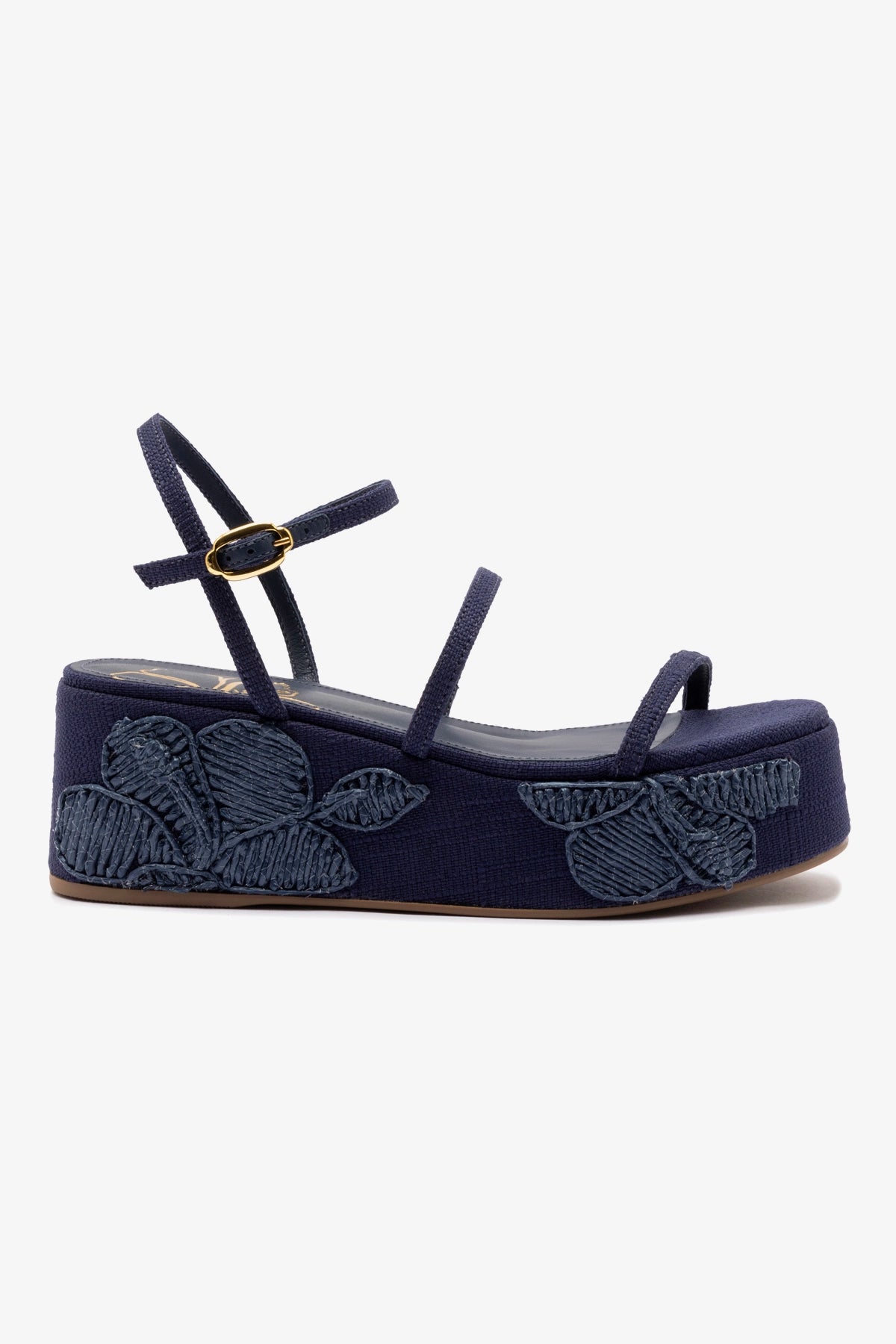 Gio Flatform Sandal In Navy Raffia and Hibiscus Embroidery