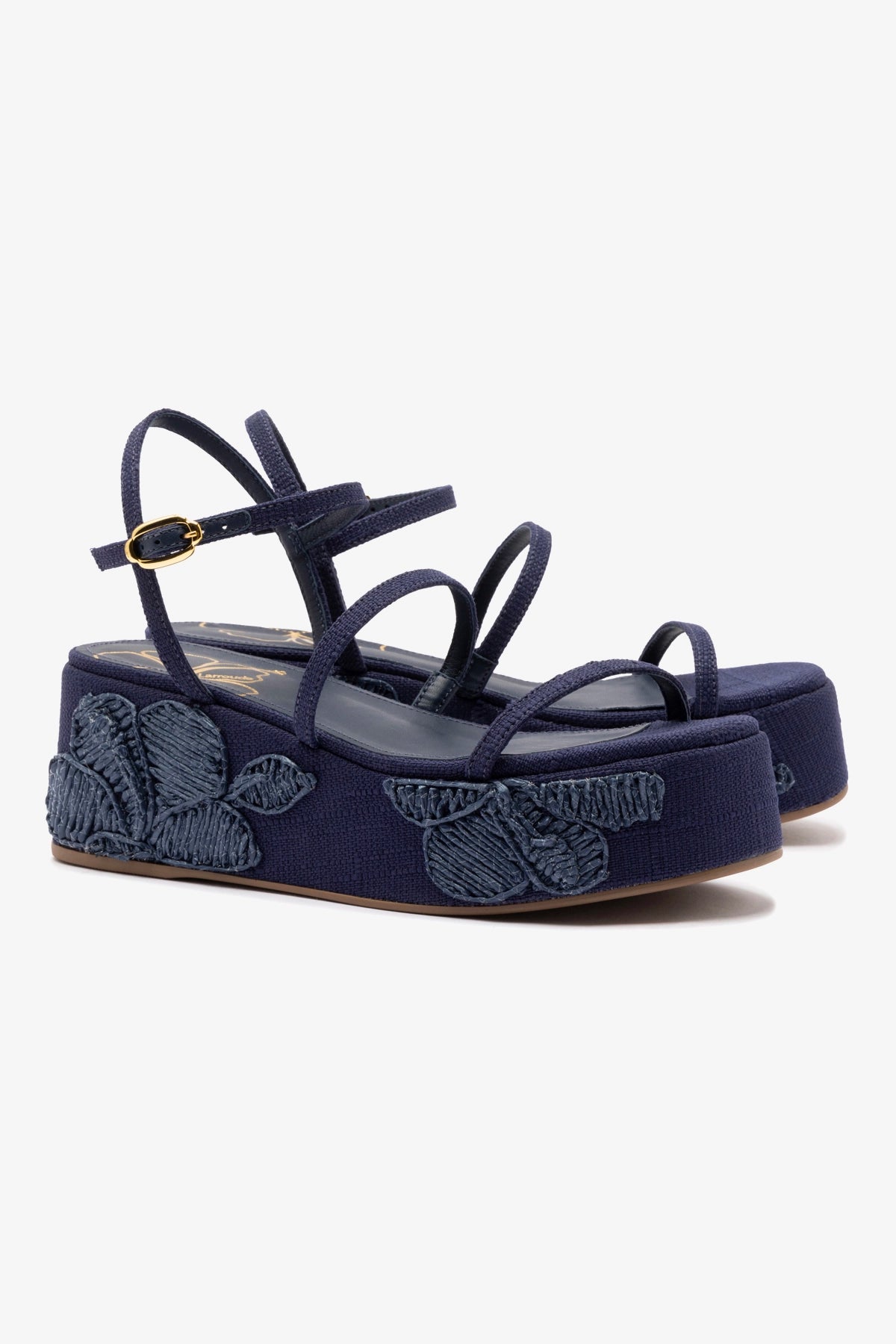 Gio Flatform Sandal In Navy Raffia and Hibiscus Embroidery