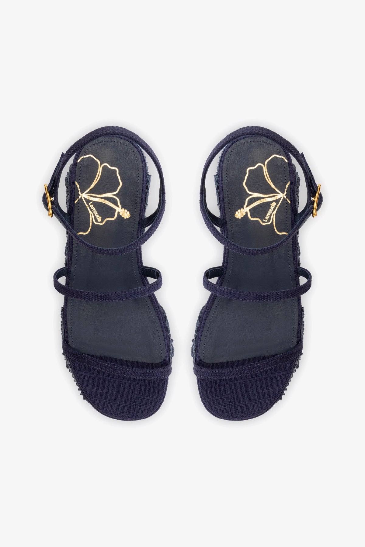 Gio Flatform Sandal In Navy Raffia and Hibiscus Embroidery