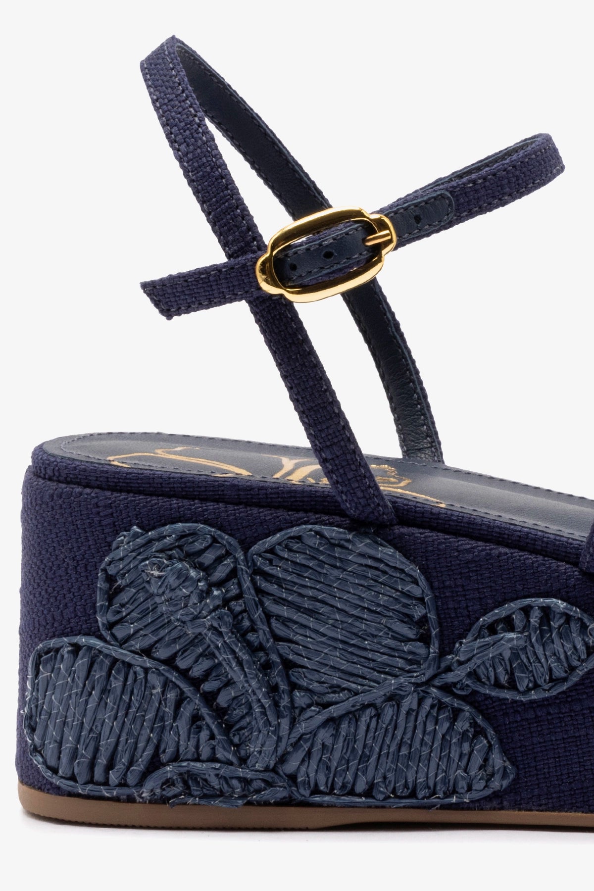 Gio Flatform Sandal In Navy Raffia and Hibiscus Embroidery