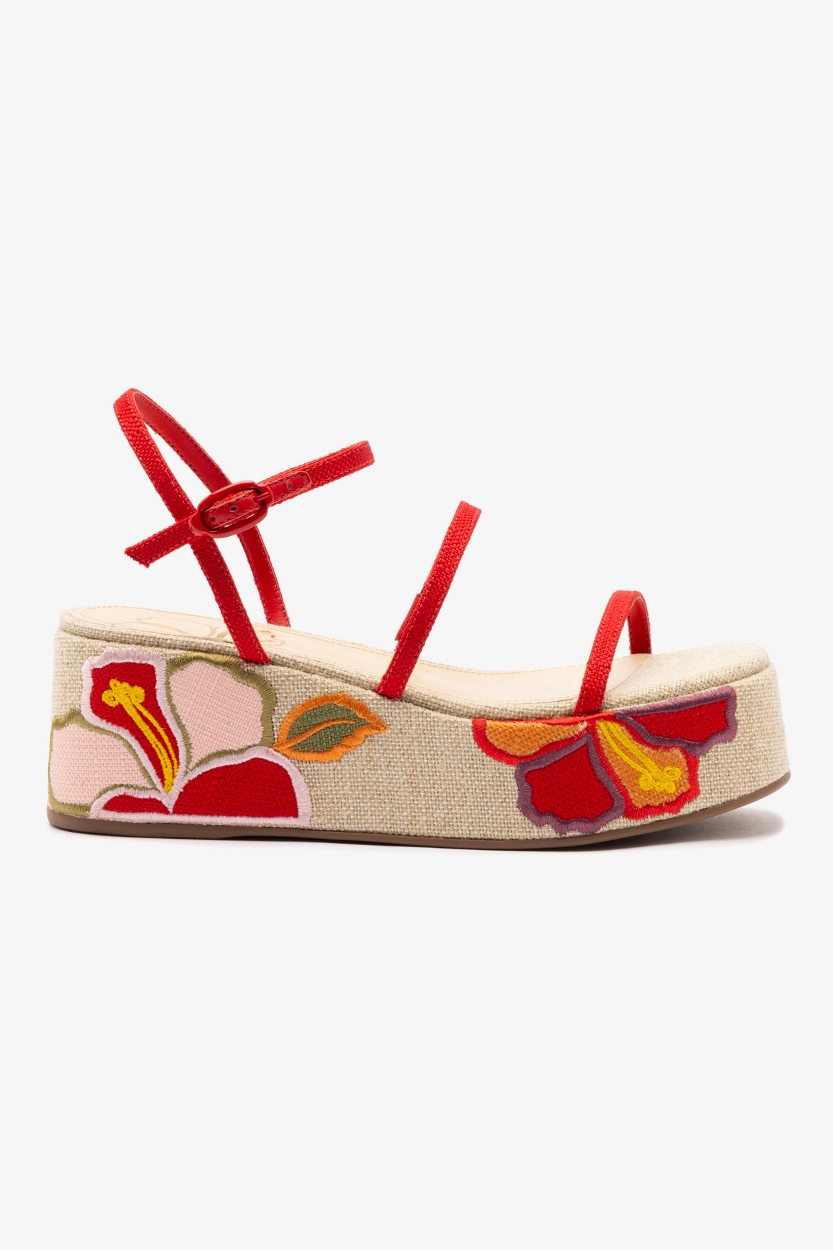 Gio Flatform Sandal In Scarlet Raffia and Hibiscus Embroidery