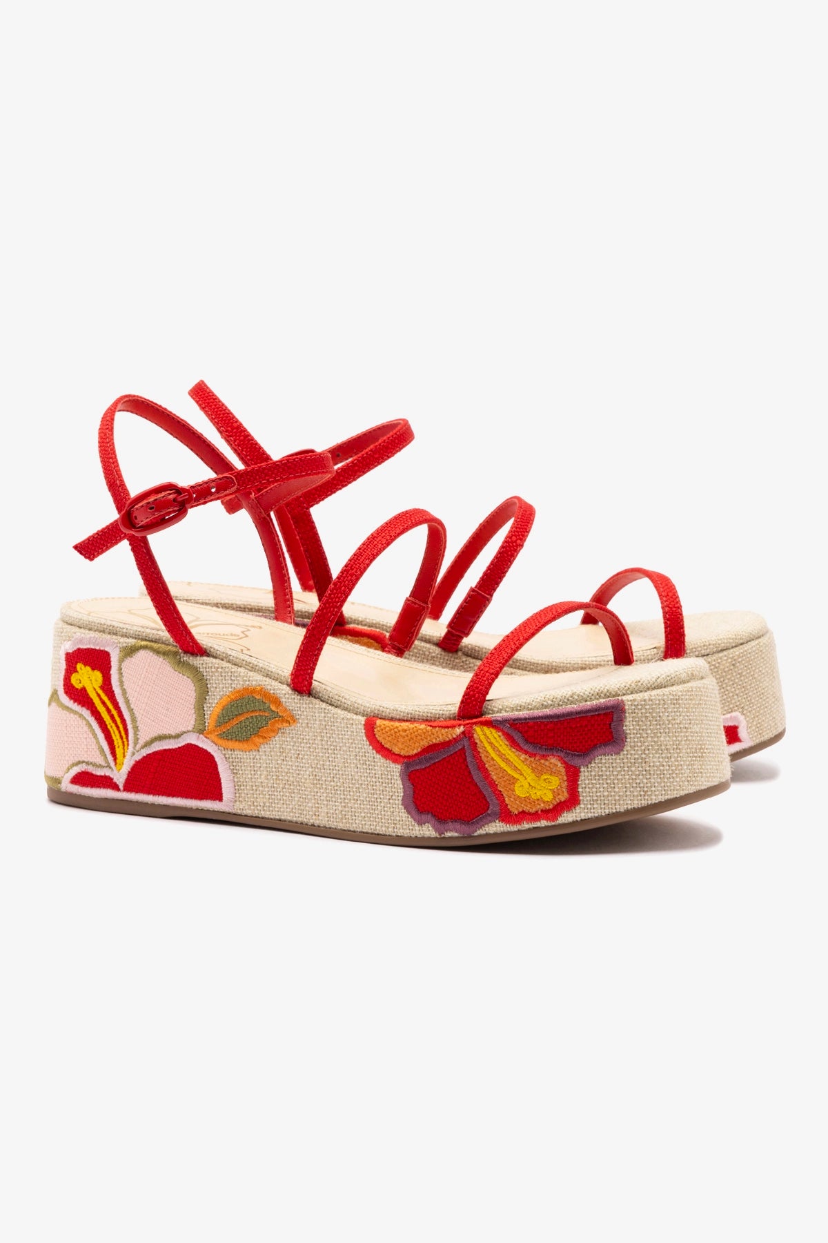 Gio Flatform Sandal In Scarlet Raffia and Hibiscus Embroidery