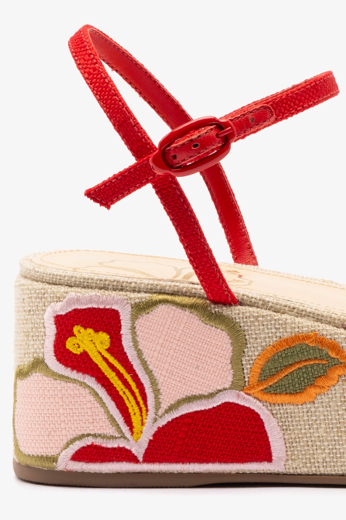 Gio Flatform Sandal In Scarlet Raffia and Hibiscus Embroidery