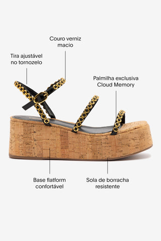 Flatform Gio Milanina Couro Verniz Preto e Cortiça