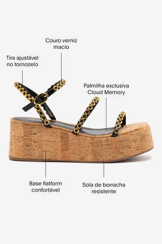 Flatform Gio Milanina Couro Verniz Preto e Cortiça