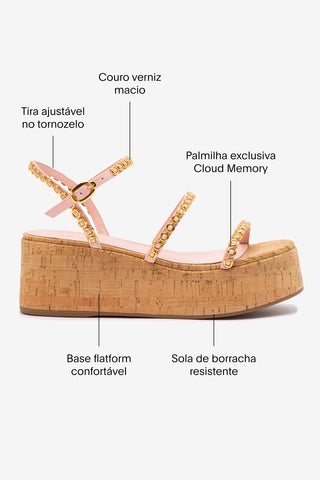 Flatform Gio Milanina Couro Verniz Rosa e Cortiça