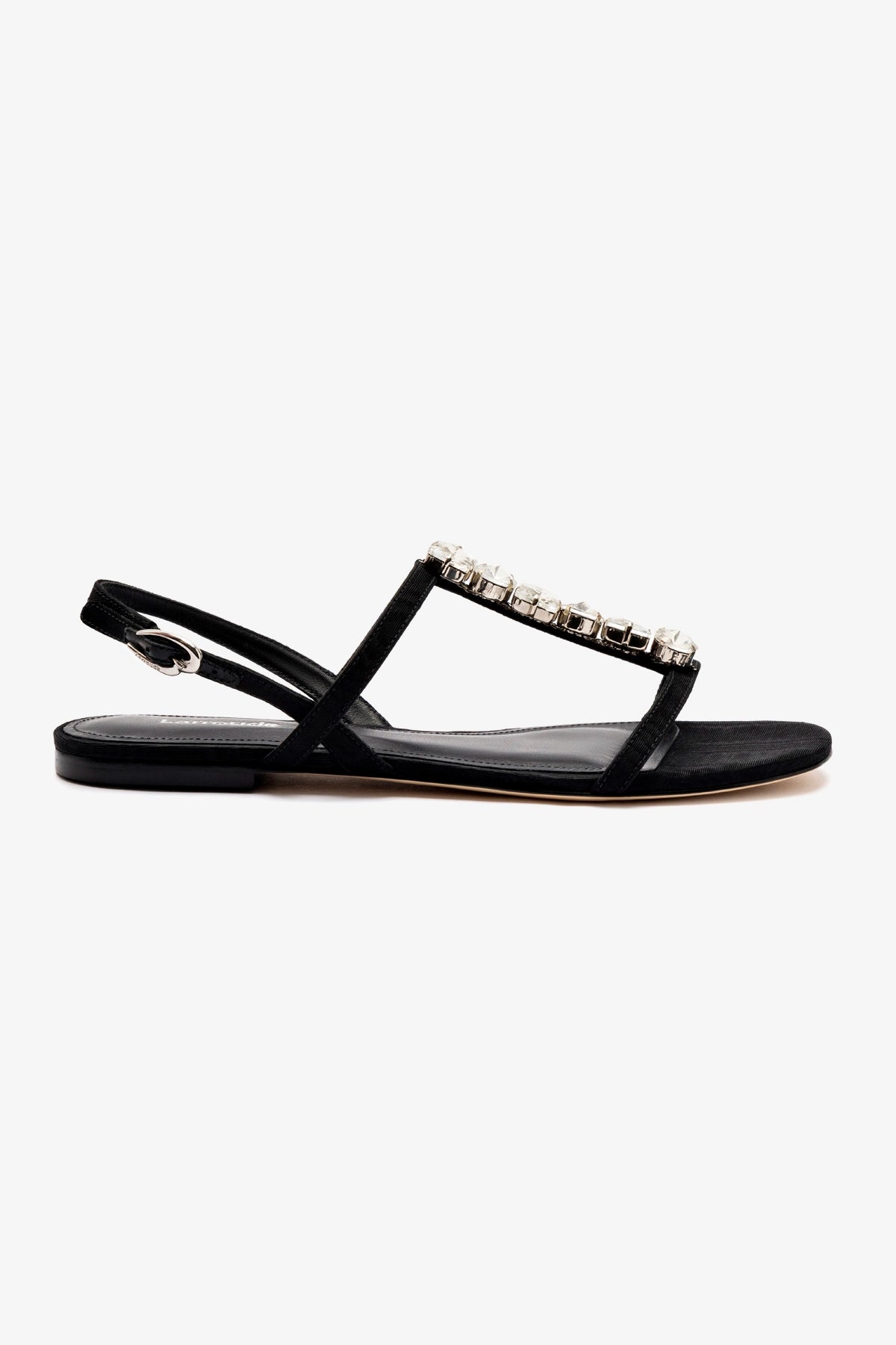 Calypso Flat Sandal In Black Fabric and Crystals