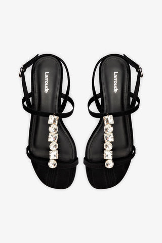 Calypso Flat Sandal In Black Fabric and Crystals