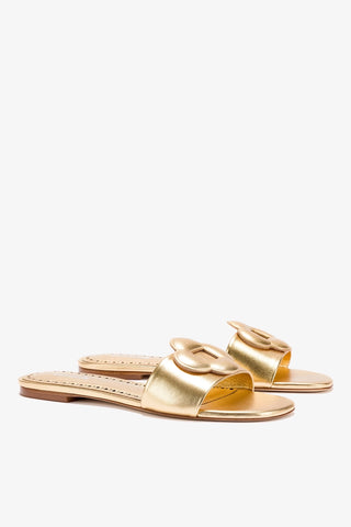 Flat Flora Couro Dourado Womens - Shoes - Mules Larroudé