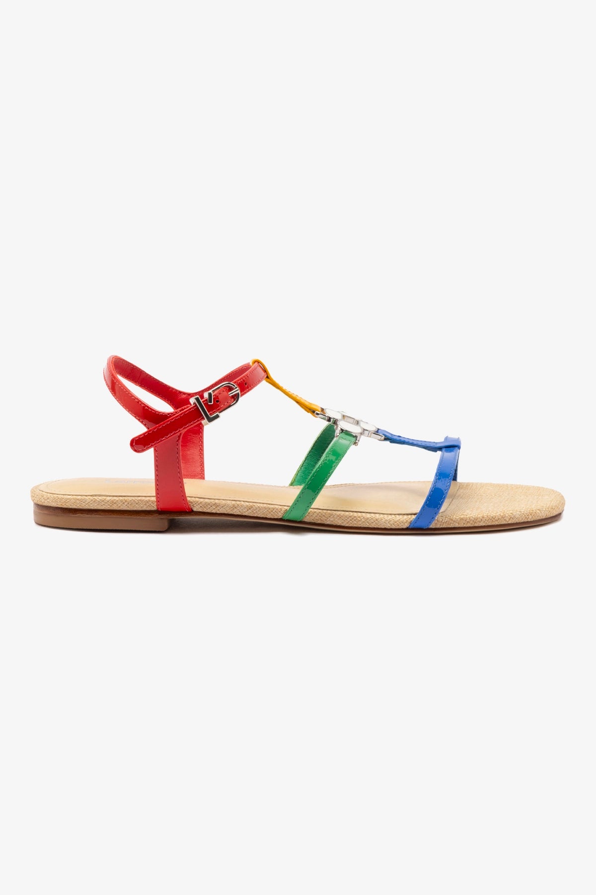 Hana Flat Sandal In Multicolor Patent Leather and Raffia