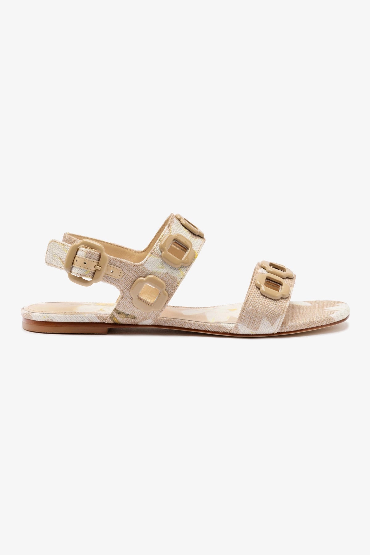 Milan Flat Sandal In Beige Printed Raffia