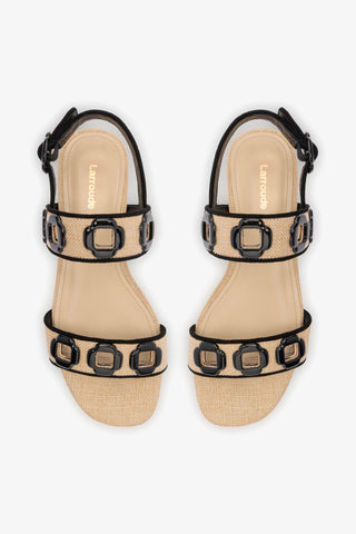 Sandália Flat Milan Ráfia Bege e Camurça Preto Womens - Shoes - Sandals Larroudé