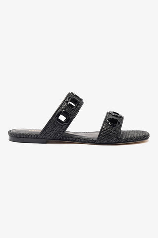 Milan Flat Mule In Black Wave Raffia