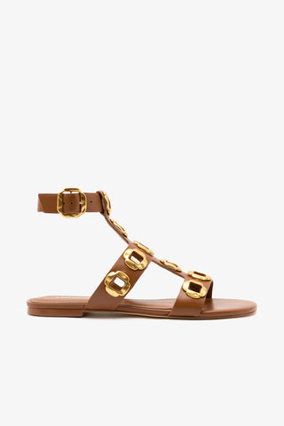 Sandália Gladiadora Flat Milan Couro Caramelo