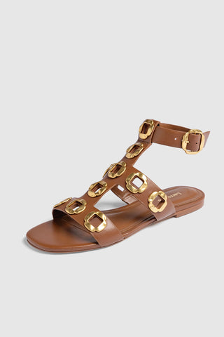 Sandália Gladiadora Flat Milan Couro Caramelo