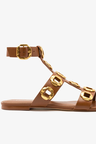 Sandália Gladiadora Flat Milan Couro Caramelo