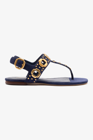 Sandália Flat Milan Couro Azul e Tachas Dourado