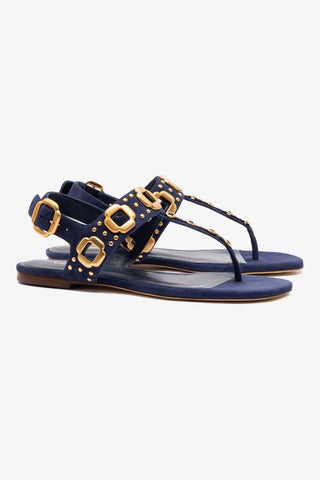 Sandália Flat Milan Couro Azul e Tachas Dourado