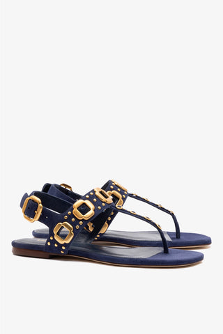 Sandália Flat Milan Camurça Azul e Tachas Dourado