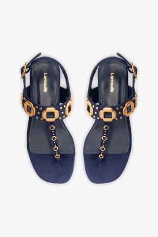 Sandália Flat Milan Couro Azul e Tachas Dourado